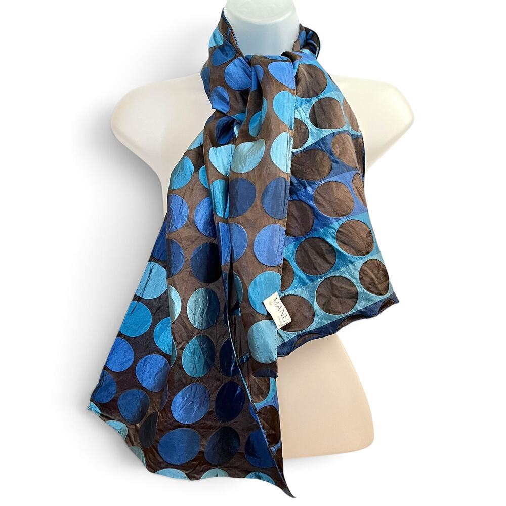 Manufaktur by Hosse Switzerland Jacquard Blue Brown Polka-Dot Stripe Silk Scarf